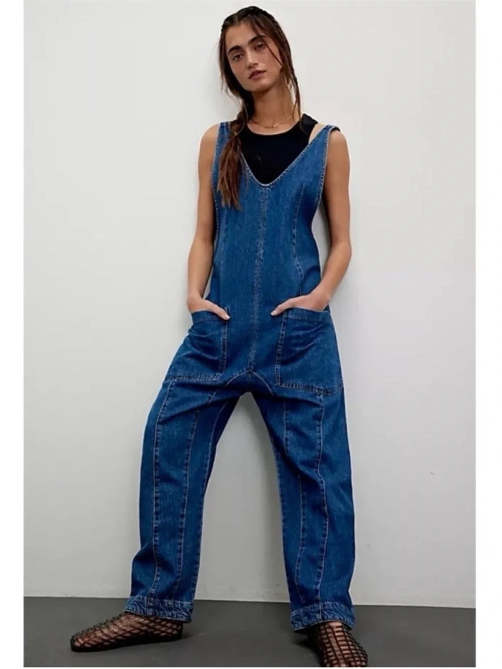 NWT Free People High Roller Denim Jumpsuit Blue Large